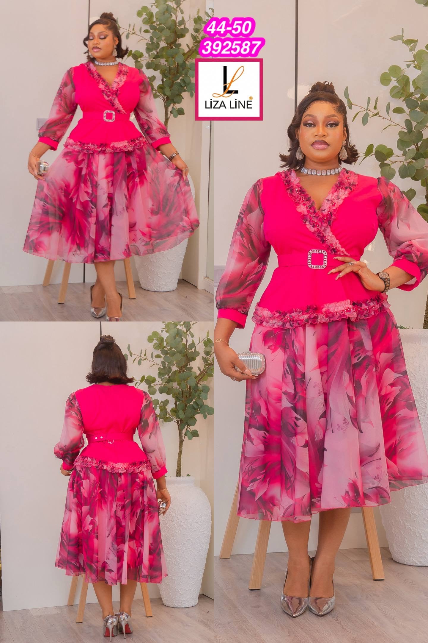 Liza Line Luxury Floral Midi Dress – Elegant Belted Occasion Dress