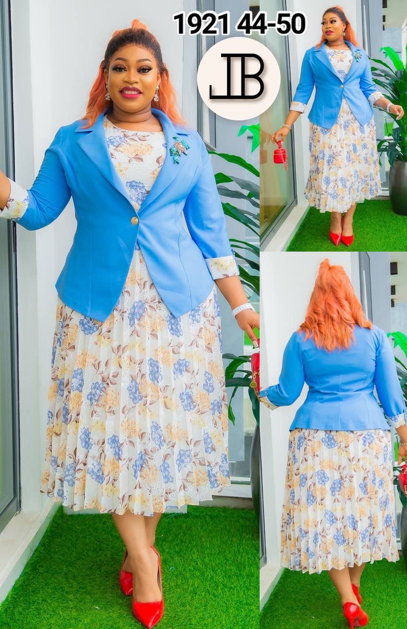 Elegant Floral Midi Dress with Sky Blue Blazer Set ✨