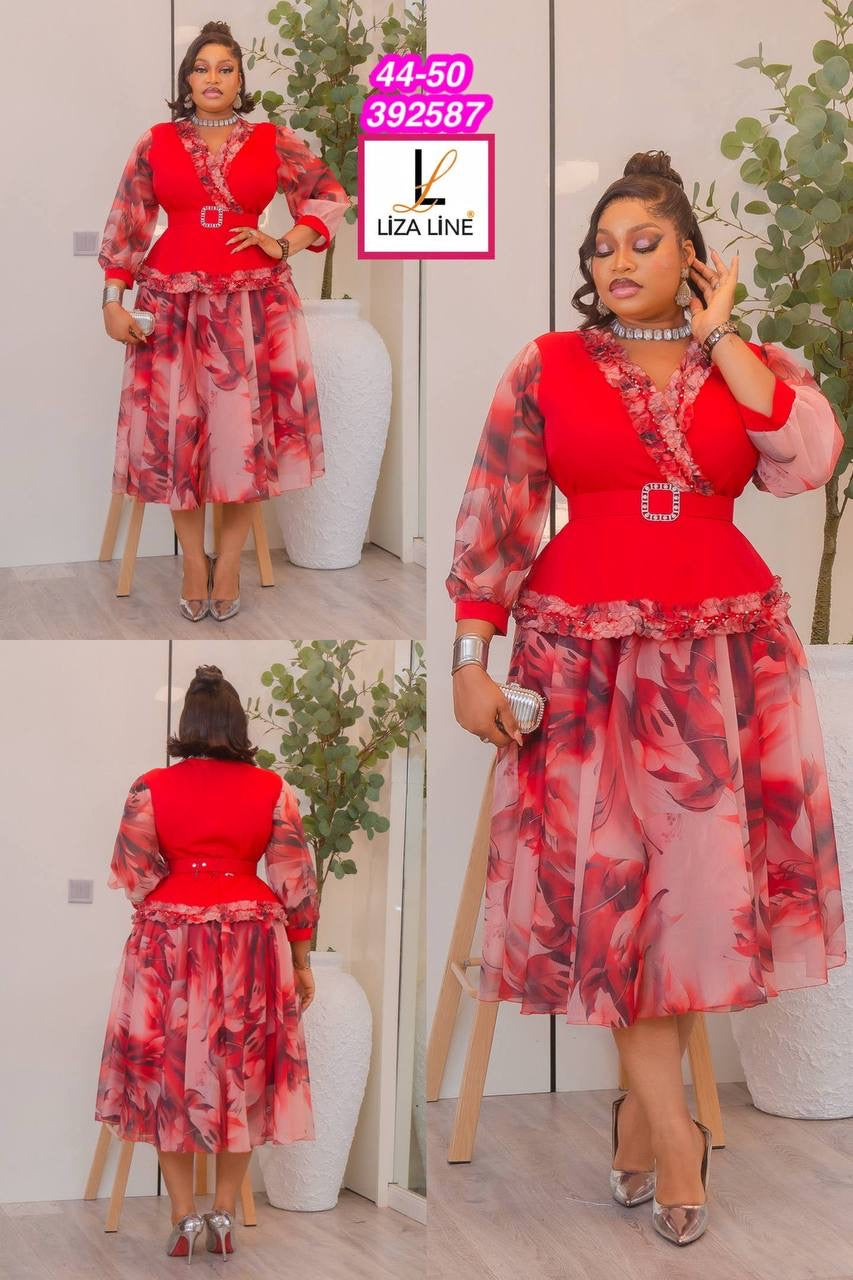 Liza Line Luxury Floral Midi Dress – Elegant Belted Occasion Dress