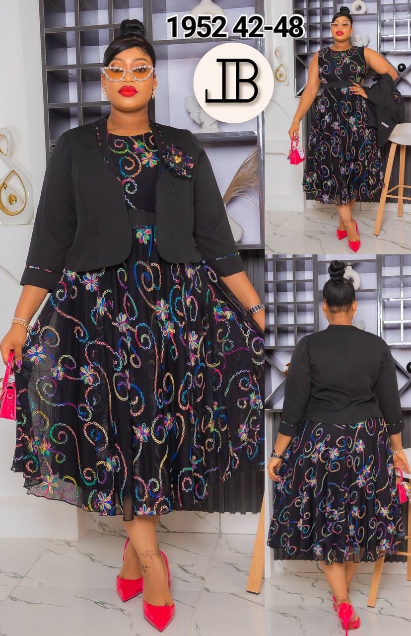 Midnight Elegance Embroidered Midi Dress & Cropped Jacket Set