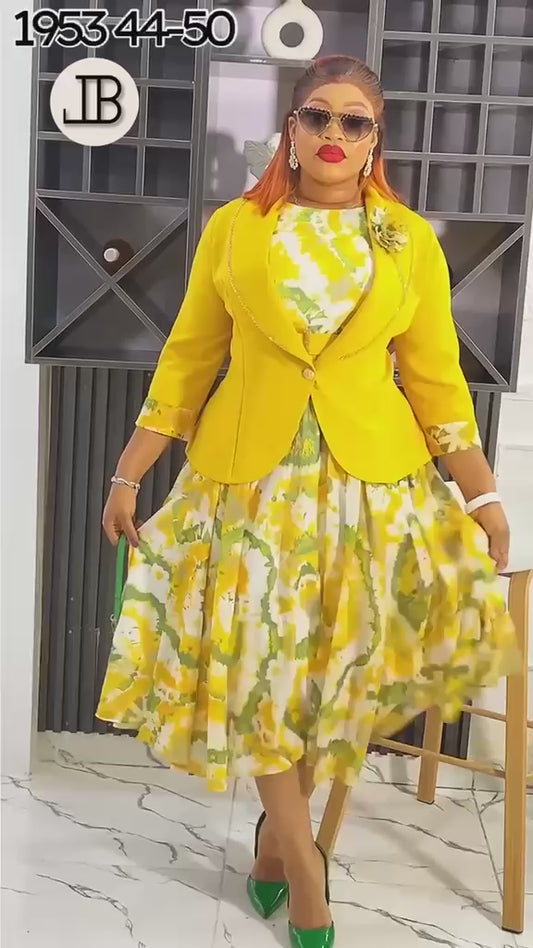 Elegant Sunshine Floral Midi Dress with Chic Blazer Set ✨