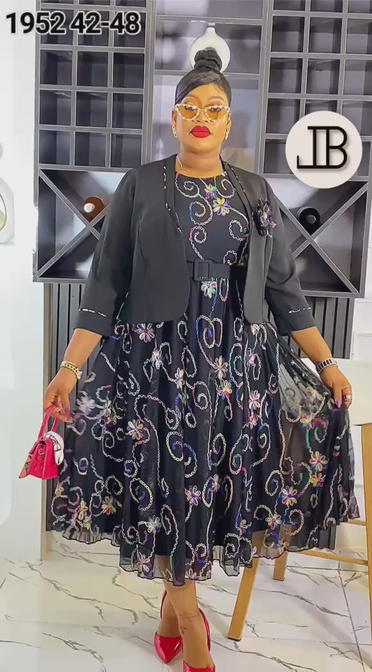 Midnight Elegance Embroidered Midi Dress & Cropped Jacket Set