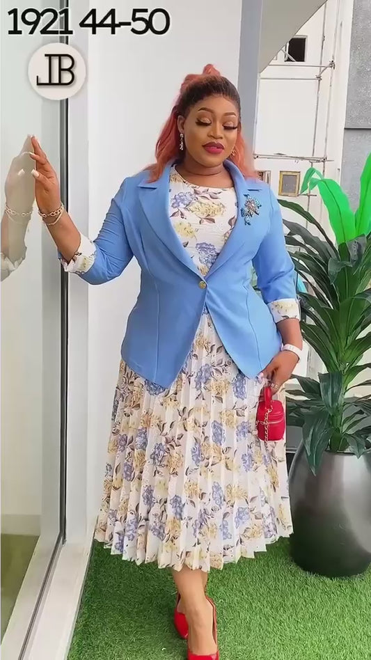 Elegant Floral Midi Dress with Sky Blue Blazer Set ✨